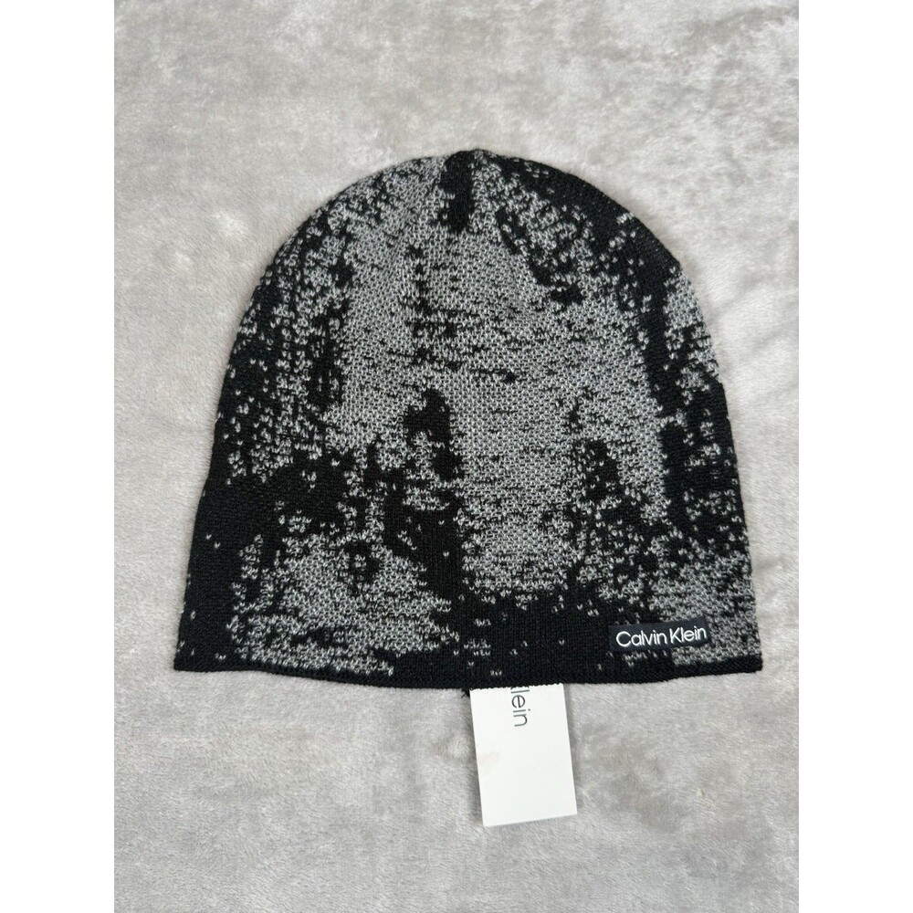 Calvin Klein Beanie Hat Black Gray Knit Logo Winter Acrylic Unisex